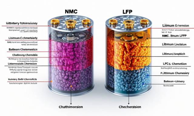 Battery chemistry comparison diagram, NMC and LFP cells side by side with specifications