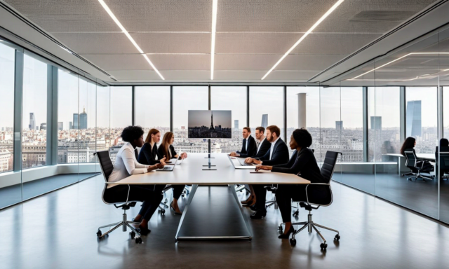 Team photo in Paris office with African city skyline images on the wall behind them